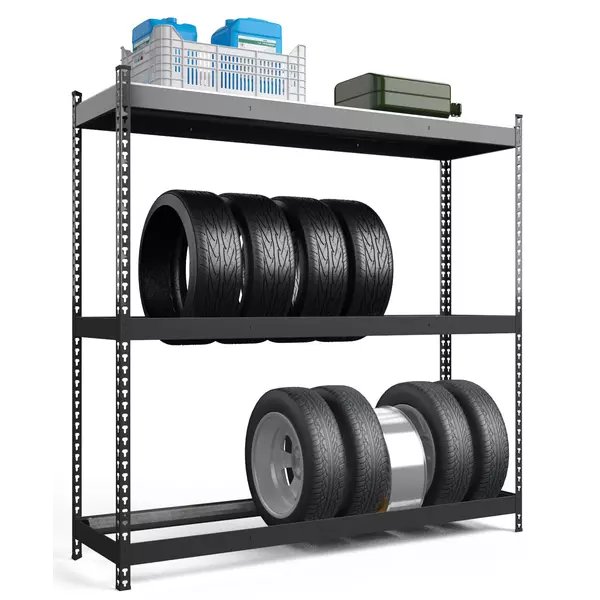 Металевий стелаж для коліс 168×180×50, 2 яруси + 1 полиця ДСП, Титан, Кількість полиць: 3, Колір: чорний матовий, Висота: 168, Ширина: 180, Глибина: 50фото