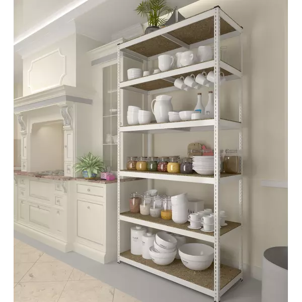 Металевий стелаж 180×90×50 см, 5 полиць, ДСП, білий, Еталонфото, зображення 2