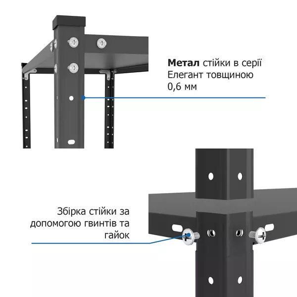 Металевий стелаж 184×95×34 см, 5 полиць, чорний, Елегант-1, Кількість полиць: 5, Колір: чорний глянець, Висота: 184, Ширина: 95, Глибина: 34фото, зображення 8