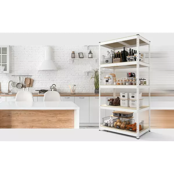 Металевий стелаж 180×90×50 см, 5 полиць, ДСП, білий, Еталонфото, зображення 4