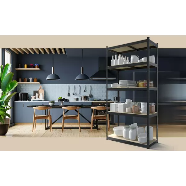 Металевий стелаж 180×60×30 см, 5 полиць, МДФ, чорний, Бюджет, Кількість полиць: 5, Колір: чорний матовий, Матеріал полиць: МДФ, Висота: 180, Ширина: 60, Глибина: 30фото, зображення 2