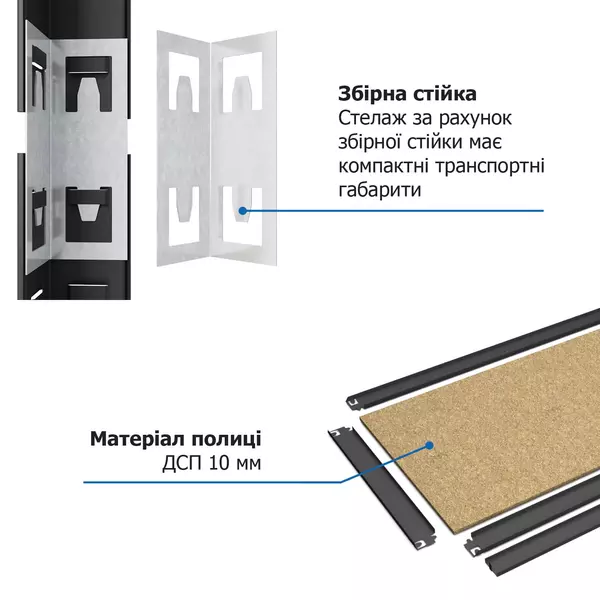 Металевий стелаж 180×90×40 см, 5 полиць, ДСП, чорний, Бюджет, Кількість полиць: 5, Колір: чорний матовий, Матеріал полиць: ДСП, Висота: 180, Ширина: 90, Глибина: 40фото, зображення 20