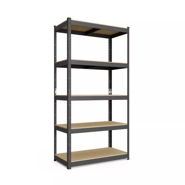 Металевий стелаж 180×90×40 см, 5 полиць, ДСП, чорний, Бюджет, Кількість полиць: 5, Колір: чорний матовий, Матеріал полиць: ДСП, Висота: 180, Ширина: 90, Глибина: 40фото