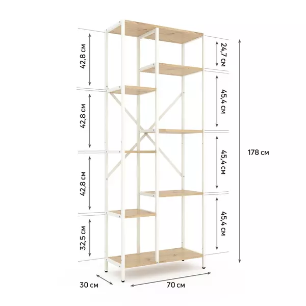 Стелаж Лофт Каскад 1780х700х300 Меткас, 35 кг/полицю, 7 полиць, ЛДСП, білий-дуб артизанфото, зображення 2