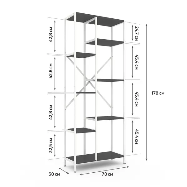 Стелаж Лофт Каскад 1780х700х300 Меткас, 35 кг/полицю, 7 полиць, ЛДСП, білий-антрацитфото, зображення 2