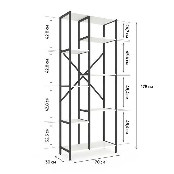 Стелаж Лофт Каскад 1780х700х300 Меткас, 35 кг/полицю, 7 полиць, ЛДСП, антрацит-білий снігфото, зображення 2
